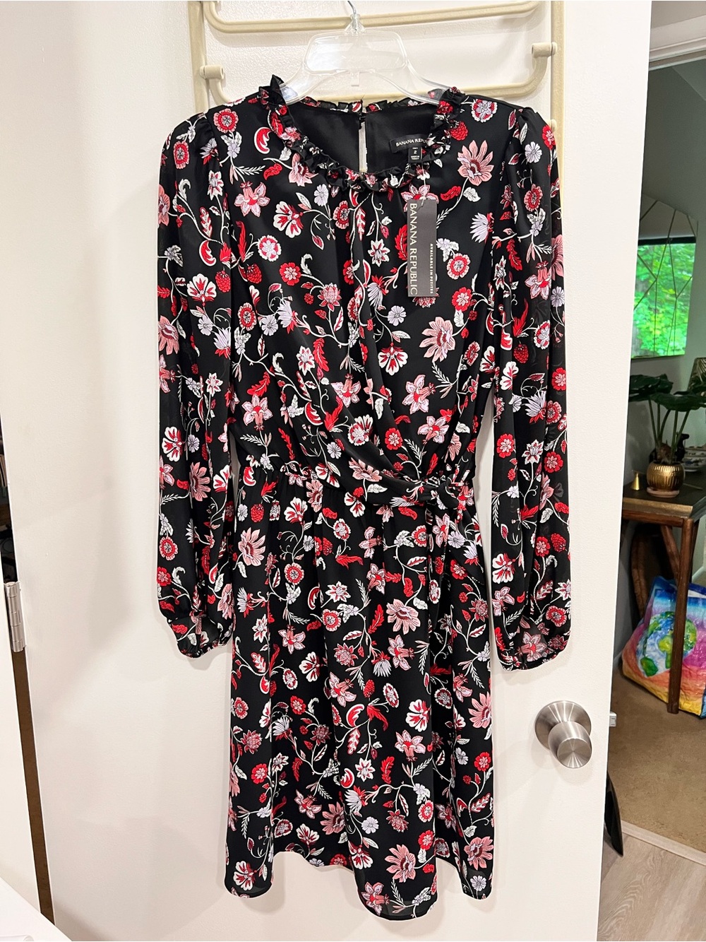 Banana Republic Black Floral Long Sleeve Wrap Dress - Pink & Red Flowers